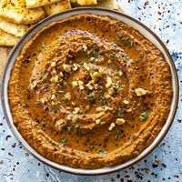 Muhammara (Roasted Red Pepper & Walnut Dip) - This Muhammara recipe is the ultimate roasted red pepper dip, with toasted walnuts and sweet pomegranate. It is creamy and delicious and easy to make. #RoastedRedPepperDip #RedPeppers #Dip