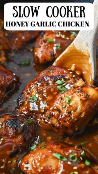 Slow Cooker Honey Garlic Chicken is juicy, tender chicken thighs bathed in a savory-sweet glaze of honey and garlic. Delicious with mashed potatoes or white rice!