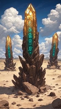 Three towering spires rise from sun-baked earth, each crowned by a lustrous gold-hued crystal. Mottled shards of rock form the base, while magic runes symbols glow in vivid teal along their polished faces. Sand and sparse scrub surround the formation, highlighting this fusion of fantasy nature art with arcane relics. Translucent facets refract the sunlight, casting geometric patterns on the cracked ground below. The glyphs etched into the crystal surfaces suggest magical artifact ideas, as if harnessing cosmic energies. Flecks of shimmering quartz flicker among rocky veins, intensifying the sense of ancient mystery. A wide sky filled with drifting clouds embraces the pillars in a quiet hush. Illuminated from within, these monoliths evoke artifact concept art influences, blending primal env