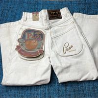 Brand: Paco Jeans Style: Vintage 90s Embroidered Spell Out Pocket Baggy Straight Jeans Color: Cream Off White Size: 8 (Please Review Measurments For Fit As This Is Vintage Sizing) Approx Measurements: Waist 12", Rise 11", Inseam 23" Condition: New With Tags, Deadstock. Has Some Light Marks/Stains From Storage But They Look Like They Will Wash Out (See Last Two Photos). 100% Cotton Inventory: F5837240