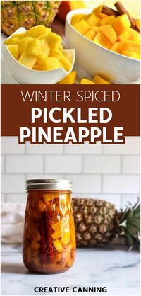 Discover a warm spiced pickled pineapple recipe that combines sweet pineapple with tangy vinegar and aromatic spices. Perfect as a holiday relish, taco topping, or charcuterie board addition. Find more pickling liquid recipe, pickled fruit, pickled things, and Creative Canning Recipes at Creative Canning.