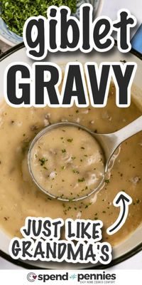 This simple Southern gravy takes time to prepare but is worth every moment! Made with a combination of herbs, giblets, and stock, this old fashioned gravy is simply the best for mashed potatoes, stuffing, and turkey! #gibletgravy #gravyrecipe #thanksgiving #spendwithpennies