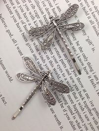 Dragonfly Bobby Pins Set of Two Antique Silver Nickel Free