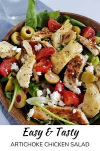 This lean, light Mediterranean artichoke chicken salad is the perfect easy meal for a quick and healthy dinner or lunch. Made with pan seared chicken breast, artichokes, olives, tomatoes, lettuce and feta cheese, it's a delicious and easy dish. Try this recipe for a gluten free meal, which can also easily be made dairy free.