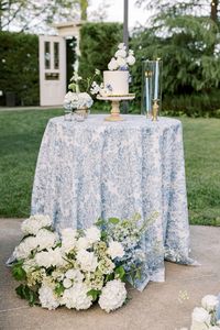 wedding cake table, wedding table cloth blue, patterned table cloth wedding, wedding flowers inspo, simple wedding cake, wedding cake florals, classic wedding decor inspo, blue wedding decor, wedding desserts