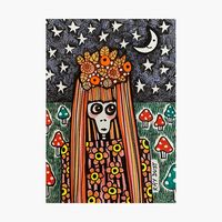 "Guarding the Mushroom Patch" artwork by Ray Dust. A detailed pen and ink drawing of a Day of the Dead Girl guarding her mushroom patch at night. She is dressed up in a beautiful floral outfit and loves this quiet time under the starry moonlight. Printed on many products in my Redbubble shop. Find your thing, pumpkin colors, Halloween gift, country style, whimsical, moon, stars, star, fashion portrait, female skeleton lady, beautiful, eclectic, affordable, collect