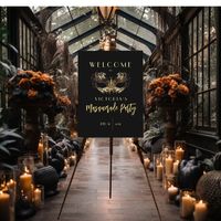 Stylish modern Masquerade birthday party welcome sign . Elegant handwritten calligraphy combined with a modern font on a dark black background complement each other and look harmonious at the same time.