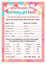 PRICES MAY VARY. 20 GAME CARDS: who knows the birthday girl best game for tween kids. Answer Sheet included for the birthday girl to fill out. EASY TO PLAY girl birthday party game: fill in the blank and multiple choice questions for friends to answer about the birthday girl. PREMIUM CARD STOCK: 5" x 7" who knows the birthday girl game cards are easy to write on with plenty of space for guests to write answers. FUN DESIGN: Double side print.Pink and purple birthday party theme. Add to your set o