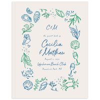 This wedding guest book with a border of nautical illustrations, evokes the magic of the sea. Seashells, oyster shells, seaweed, champagne glasses, and a lively crab frame the handwritten font in the center.  This book has a casebound cover with matte lamination, and 100 blank pages (50 sheets) of 70# opaque text paper. Includes a 0.25" white grosgrain bookmark ribbon