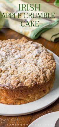 Irish Apple Crumble Cake with Apple Brandy Sauce ~ Made with apples, cinnamon and a sweet crumble top, this rustic, moist cake is homey and delightful especially when drizzled with Apple Brandy Sauce! #applecake #irishapplecake #applecrumblecake #applecrumb #applebrandysauce #brandysauce #cake #breakfastcake #irishrecipe #applecakerecipe #applecrumble #brunchcake #applecrumbcake