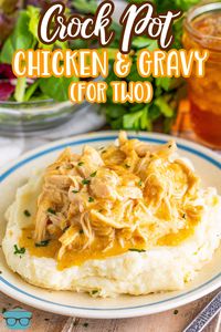 Crock Pot Chicken and Gravy for Two is an easy dinner recipe that features tender, seasoned shredded chicken coated in a creamy gravy!