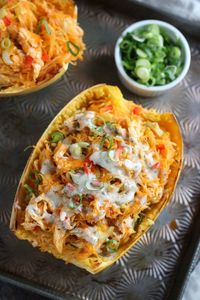 Buffalo Chicken Stuffed Spaghetti Squash | The Real Food Dietitians | http://therealfoodrds.com/buffalo-chicken-stuffed-spaghetti-squash/