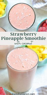 This pineapple smoothie with strawberries is the ultimate tropical smoothie for summer! Packed with vitamin C plus 7g of fiber and protein. This vegan smoothie with coconut also features peanut butter and banana for a lightly sweet and filling snack.