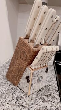 Western home decor, western knife set, cowhide, tooled leather, western kitchen, country kitchen, western style, cowboy knife set, diy craft ideas, kitchen ideas, western diy, easy diy project