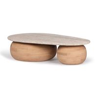 The Pondus Coffee table is a sculptural peice while also being a functioning table. Made from FSC Certified Oak spherical legs which balance a Travertine top, it adds an artistic touch to your interior.Product Overview: Finish: Natural Dimensions: 49.6"W x 29.75"D x 12.4"H Material: Oak Wood, Travertine stone Weight: 2