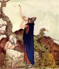 Óðinn drinks from Mímir's Well. Illustration by Willy Pogány, from Padraic Colum's The Children of Odin.