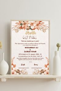 A rose gold Nikkah Contract Template with a Printable Nikkah Contract, It is an Editable Nikkahnama with the bride and groom's names, date of marriage, and personal message. A floral Muslim Wedding Certificate, that also gives you the option for Digital Download. Make this Islamic Marriage Contract your own by replacing the details with your own.