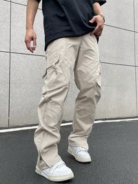 Men Flap Pocket Side Cargo Pants Straight Leg Long Plain Cream Going Out Apricot Street   Woven Fabric Plain Cargo Pants Non-Stretch  Men Clothing, size features are:Bust: ,Length: ,Sleeve Length: