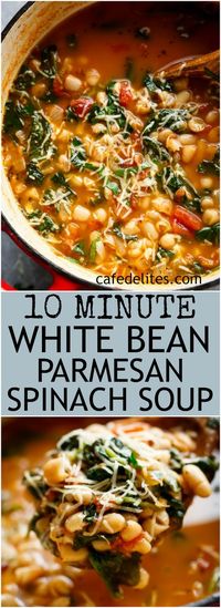 White Bean Parmesan Spinach Soup ready in 10 minutes is may kind of soup! Make a double batch and have plenty of leftovers for the weekly dinner rush! | https://cafedelites.com