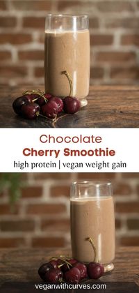 With 28 grams of protein and over 500 calories, this great tasting chocolate cherry smoothie is the perfect vegan weight gain recipe. This recipe is great with both Rainier and dark cherries. This dairy free smoothie is super healthy and can be enjoyed for both breakfast or a post workout smoothie! It is great for meal prepping too!