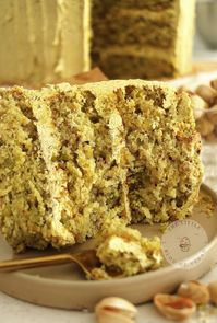 Close up of a slice of pistachio cake