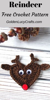 Crochet reindeer applique, Christmas Reindeer, Crochet Applique, Reindeer Applique, free crochet pattern, heart-shaped applique, heart, #crochet, #freecrochetpattern, #christmascrochet, Christmas crochet pattern free, DIY Christmas gifts crochet, crochet Christmas ornaments, crochet reindeer ornament