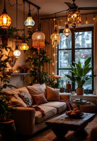 Create a boho vibe in your Cozy Lighting Living Room with Bohemian Light Vibes using eclectic fixtures like lanterns, string lights, and colorful chandeliers. These add a soft, whimsical glow, perfect for a relaxed and cozy space. Discover more bohemian lighting ideas here.