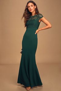 You'll fall head over heels for the Lulus Hopeful Romantic Hunter Green Lace Mermaid Maxi Dress! Medium-weight crepe knit and intricate floral lace make up this stunning dress with an illusion neckline, princess-seamed sweetheart bodice, and short cap sleeves, trimmed with scalloped eyelash details. A full maxi skirt falls from a banded waist and carries into a flattering mermaid hem with flaring godets. Hidden back zipper/clasp and back keyhole with top button. Fit: This garment fits true to si