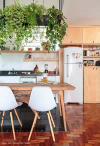 Sala de jantar integrada tem estrutura metálica para plantas pendentes, mesa de madeira de demolição, banco de couro, cadeiras Eames e iluminação pendente.