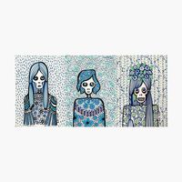 "Blue Ladies" by Ray Dust - this is a small collection of drawings inspired by the color blue and the Day of the Dead. This print can be found on many products in my Redbubble shop. Each lady is wearing blue floral outfits and standing against a wallpaper background. Skull sisters, something blue, art, artist, pen and ink drawing, decorative, boho, patterns, cornflower blue, bluebell, royal, light blue, fashionable skeletons, portraits, female, women art, gift for her, find your thing