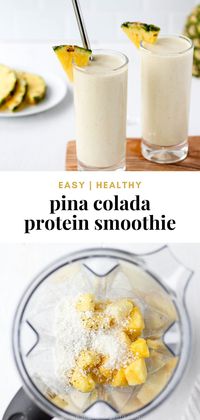 Feel like you’re on a tropical vacation with this Pina Colada Smoothie recipe! This smoothie recipe is fun refreshing, and packed with nutritious ingredients and tropical flavour. Gluten-free with vegan option. #pinacolada #pinacoladasmoothie #smoothierecipe #glutenfree #vegan #protein #proteinsmoothie #breakfastsmoothie #healthybreakfast #healthysnack #pineapple #coconut #smoothie