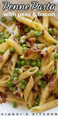 Penne pasta with peas and bacon is great to make for an easy meal! This penne pasta takes only twenty minutes (TOTAL!) to make so it's great when things are busy and you want to put something homemade on the table quickly. Penne pasta with peas and bacon is the perfect savory combination of sweet peas, crispy onions, and bacon. Make this delicious penne pasta today!