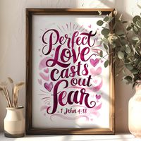 This beautiful Christian wall art features the inspiring quote "Perfect Love Casts Out Fear" from 1 John 4:18 in elegant pink and purple script. The design is surrounded by delicate heart motifs, making it a perfect addition to any space seeking warmth, love, and faith. Ideal for home decor, this piece is a thoughtful gift for loved ones or a personal reminder of the power of love and faith.