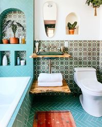 I like the cut outs in the tub wall in arch. I like the tile combo on wall/floor to make bath tub look spa like instead of generic. And i like the wood.