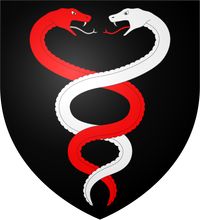 House Paege is a noble house of landed knights sworn to Riverrun in the riverlands.[1] They blazon their shields with twining red-and-white snakes on black.[2][3] Their motto has yet to appear.