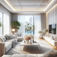 Salón con vistas a la piscina | Detalles dorados | Iluminación salón | Sofás blancos | Flores en salón | Estilo moderno | Cortinas blancas | Mobwife #hogar #decoracióndelhogar #diseñodeinteriores #interior