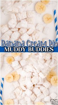 Banana Cream Pie Muddy Buddies are a twist on a classic puppy chow recipe! Chex cereal, powdered sugar & banana cream pie pudding mix combine in this family favorite treat!