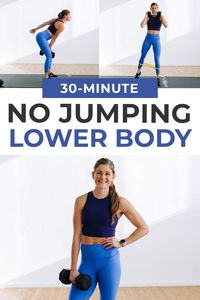 No repeats and no jumping in this 30-Minute Lower Body Workout with dumbbells! Build strength and burn out your legs with these 22 lower body exercises -- from squats and deadlifts to lunges and calf raises. Make this your next leg day workout at home!