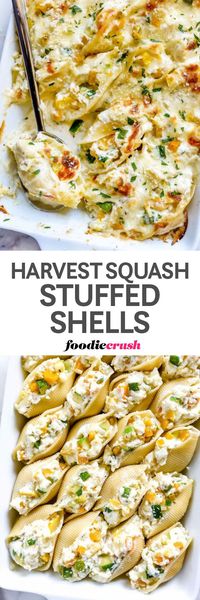 These stuffed shells with zucchini, butternut, and yellow squash baked in a creamy white alfredo sauce couldn’t be easier to prep and are even easier to crave | foodiecrush.com #pasta #recipes #baked #dinnertime