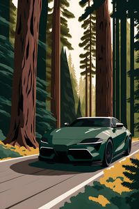 A stunning hand-crafted work of art featuring the Toyota Supra 5th generation in a pine forest. The design's unique composition is inspired by the style of modern and vintage travel posters to create a work of art that will stand out.