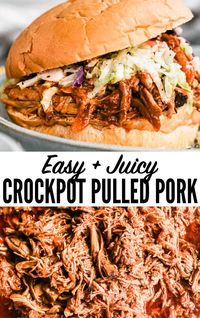 An easy slow cooker pulled pork shoulder recipe with homemade BBQ sauce and slaw. It's the BEST slow cooker pulled pork for a crowd!