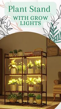 Illuminate your plants with this naturally elegant plant stand featuring integrated grow lights for optimal growth and style. #gardenlove #gardeningtools #plantcare #pothos #monstera #philodendron #indoorplants #repottingmat #plantcareessentials