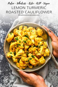 This Lemon Turmeric Roasted Cauliflower dish is a flavorful and delicious side for everyday or for the holidays, and caters to all dietary needs: #paleo, #Whole30, #AIP, #keto, and #vegan! #lowcarb #autoimmuneprotocol #glutenfree #sidedish #dairyfree