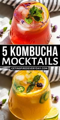 These 5 Easy Kombucha Mocktails are just the beginning of all the fun combos you can come up with! They're easy to make, & the perfect addition to any meal. Start with your favorite flavor of kombucha, then pair it together with your favorite sparkling water, or fresh fruit juice, and some fun garnishes. From there the sky is the limit for how many mocktails you can come up with. We love all the combos in this recipe, but I'm especially fond of number 5 with the guava and passionfruit combo.