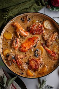 Herb Roasted Chicken in Creamy White Sauce with Mushroom and Potatoes: Cozy Dinner Recipe — Under A Tin Roof