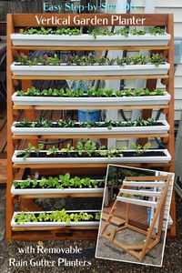 This simple Vertical Garden with Removable Rain Gutter Planters makes a great weekend project! Made out of 2x4's and vinyl rain gutters, this project is easy enough for even the most novice DIYer. (If we can build it, so can you!) #garden #gardening #smallspaces #smallgarden #verticalgarden #verticalgardenplans