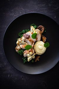 Roasted Chicken Breast, Parsnip Puree, Cauliflower, Shiitake & Kale - Temptation For Food