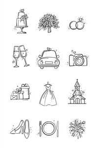 Hand Drawn Marriage Icons Set. Wedding, bride, love, celebration. Timeline menu on wedding theme. Vector wedding illustrations for invitations, greeting cards, posters