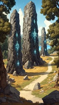 Soaring pillars of weathered rock rise from sun-baked earth, each one etched with symbols that gleam in pale turquoise. The carved markings hint at ancient magic artifact origins, shining with an otherworldly glow under clear midday skies. Grassy foothills frame these silent sentinels, delineating a fantasy worlds environment brimming with secrets. Each rune pulses in quiet unison, as if fused with the rocky surface by a long-lost spell. Shallow crevices house smaller inscriptions and hidden sigils, evoking magic runes art that once bridged mortal lands with mystical forces. A winding dirt trail threads between the columns, guiding travelers to marvel at the mysterious runic monolith guardians that shape the landscape’s enchanted atmosphere. aesthetic