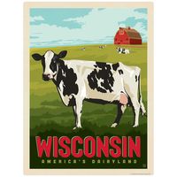 Wisconsin Americas Dairyland Cow Decal printed on quality matte vinyl with vintage-style advertising graphics.  Premium Matte Vinyl Decal Material Measures 11W x 14H Made in the USA  Copyright Anderson Design Group, Inc.